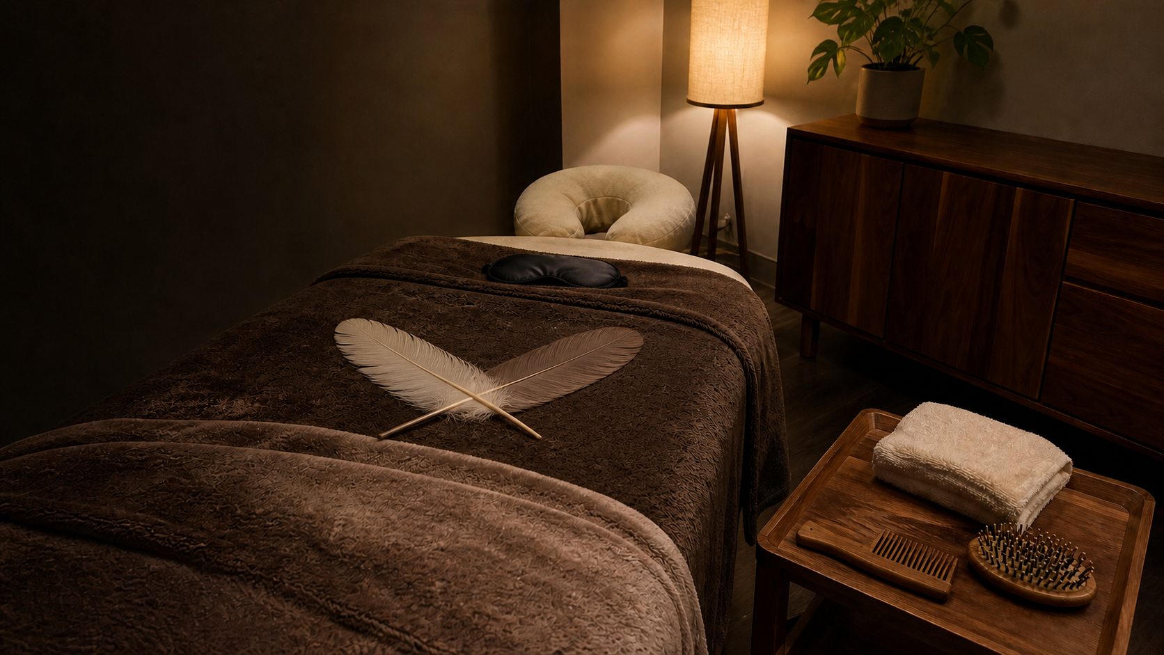 The private treatment room with warm layers, soft light and sensory tools ready