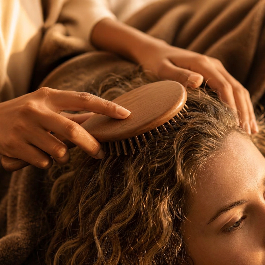 Close-up of a wooden brush moving slowly through a guest's curly hair