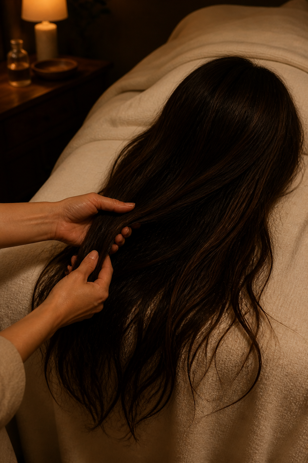 Hands moving slowly through long dark hair during a private appointment