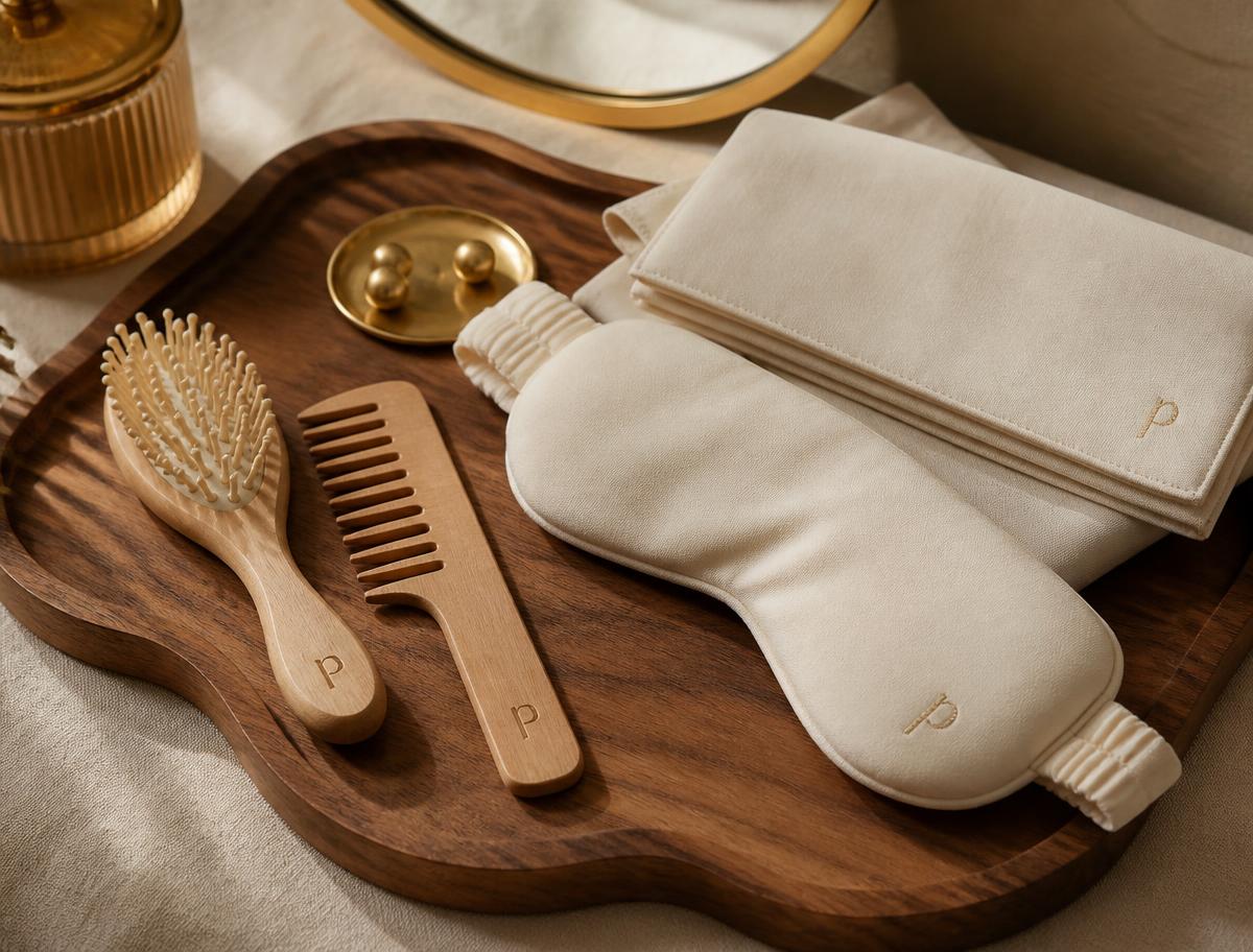 Wooden brush and comb beside a weighted cream eye mask and folded linens on a wooden tray