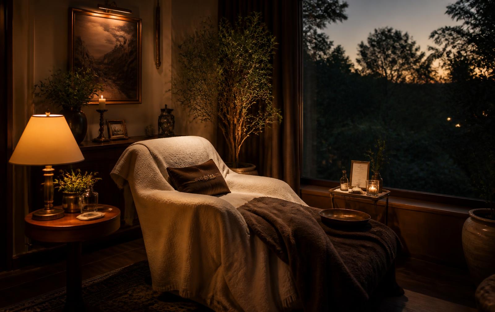 Wide view of a warmly lit private room with layered cream blankets and a reclining chair